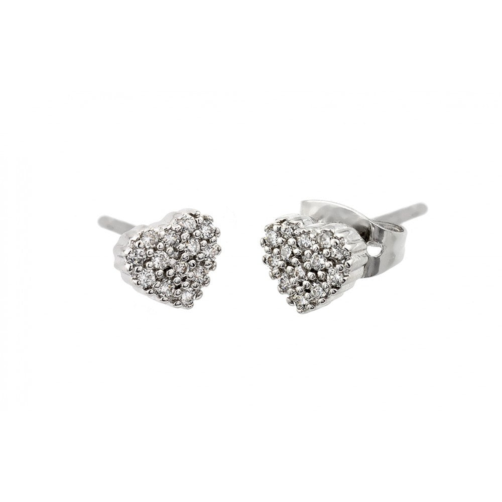 Sterling Silver Modish Heart Stud Earrings Embedded With Clear Cz Stones with Dimesnions of 5.8MM x 6.4MM