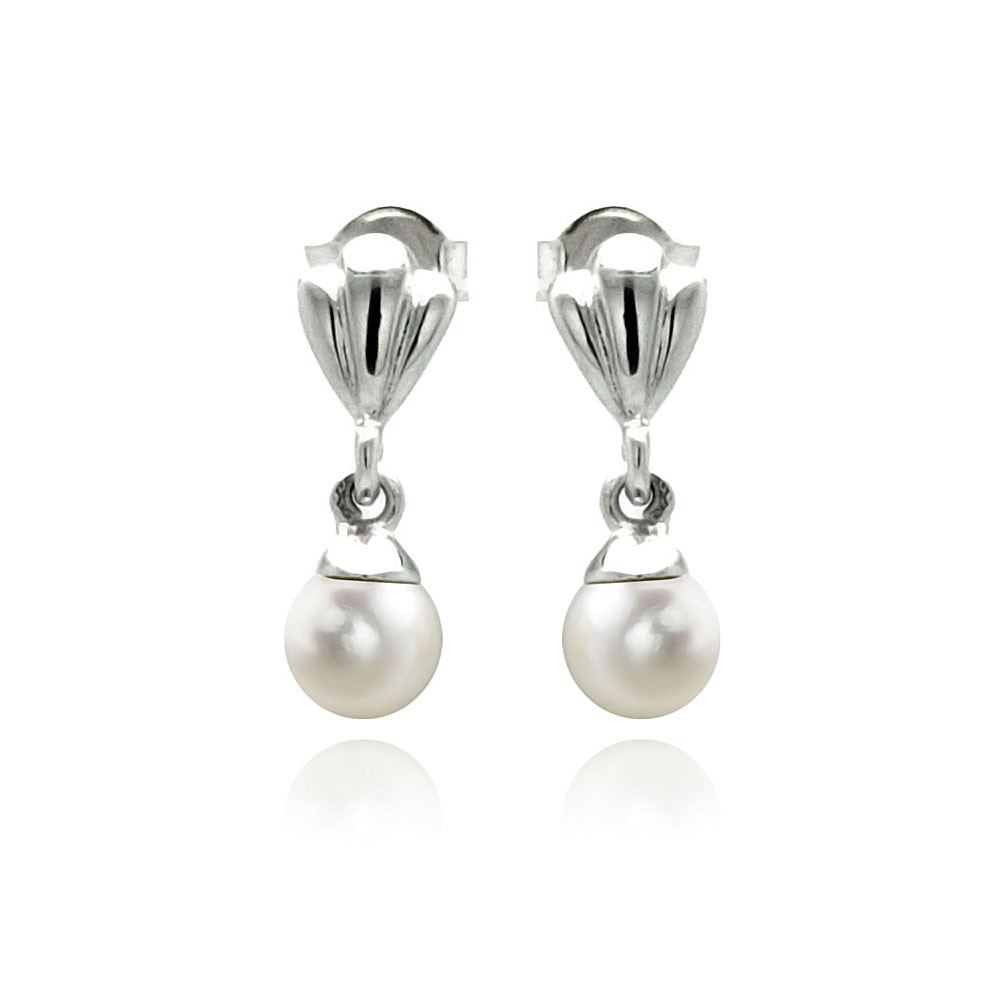 Sterling Silver Fancy Shell Design with Hanging White Pearl Dangle Stud EarringAnd Pearl Size of 5.4MM