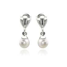 Load image into Gallery viewer, Sterling Silver Fancy Shell Design with Hanging White Pearl Dangle Stud EarringAnd Pearl Size of 5.4MM