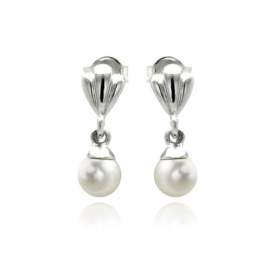 Sterling Silver Fancy Shell Design with Hanging White Pearl Dangle Stud EarringAnd Pearl Size of 5.4MM