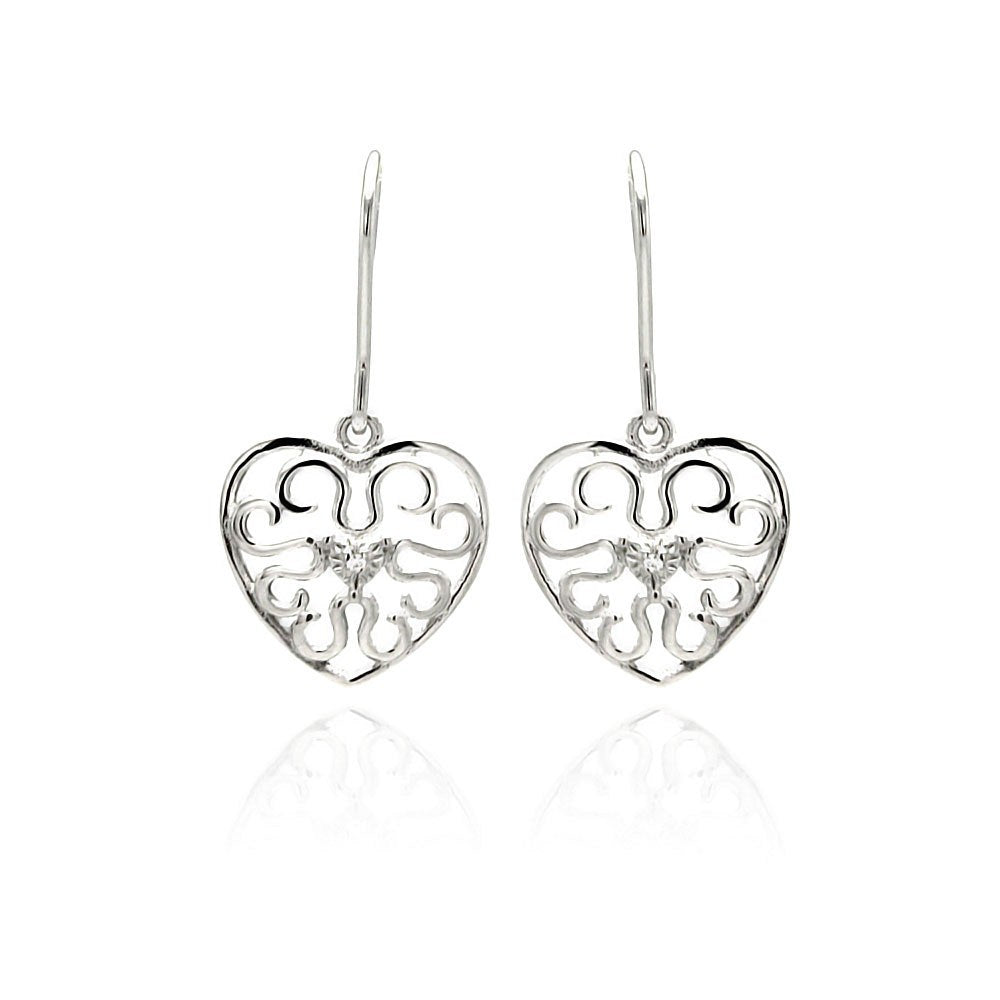 Sterling Silver Fancy Filigree Heart Design with Centered Heart Cut Clear Cz Dangle Hook EarringAnd Earring Dimensions of 14.8MMx14.2MM