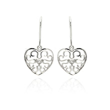 Load image into Gallery viewer, Sterling Silver Fancy Filigree Heart Design with Centered Heart Cut Clear Cz Dangle Hook EarringAnd Earring Dimensions of 14.8MMx14.2MM