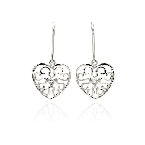 Sterling Silver Fancy Filigree Heart Design with Centered Heart Cut Clear Cz Dangle Hook EarringAnd Earring Dimensions of 14.8MMx14.2MM