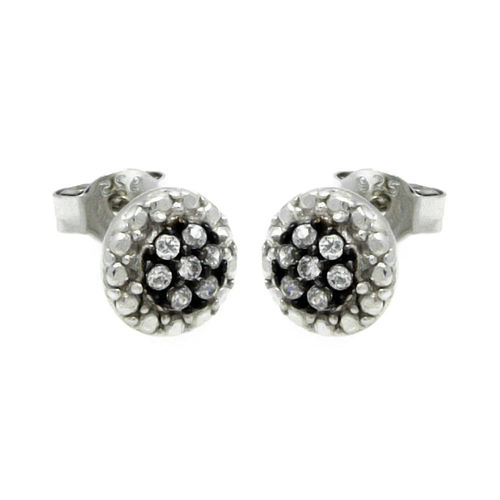 Sterling Silver Nickel Free Black And Silver Rhodium Plated Round Shape  Stud Earrings With Clear CZ Stones