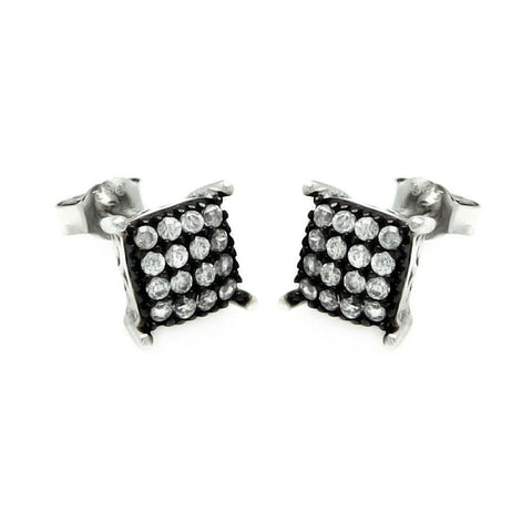 Sterling Silver Nickel Free Black And Rhodium Plated Square Shaped  Post Earrings With CZ Stones