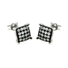Sterling Silver Nickel Free Black And Rhodium Plated Square Shaped  Post Earrings With CZ Stones