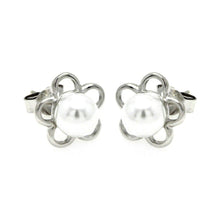 Load image into Gallery viewer, Sterling Silver Nickel Free Rhodium Plated Open Star Pearl Stud Earring