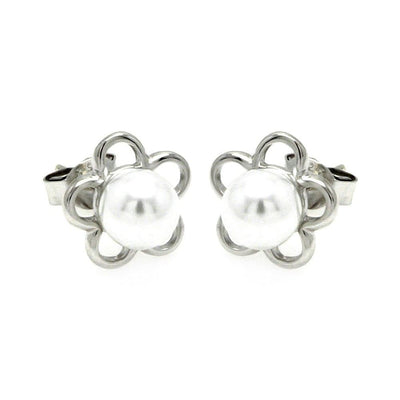 Sterling Silver Nickel Free Rhodium Plated Open Star Pearl Stud Earring