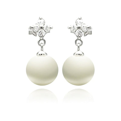 Sterling Silver Fancy Flower Clear Cz with Hanging Enamel Pearl Dangle Stud EarringAnd Pearl Size of 5MM