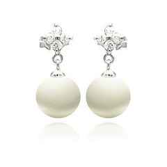 Sterling Silver Fancy Flower Clear Cz with Hanging Enamel Pearl Dangle Stud EarringAnd Pearl Size of 5MM