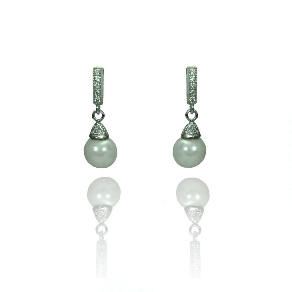 Sterling Silver Classy Micro Paved Bar with White Pearl Drop Dangle Stud EarringAnd Earring Height of 17MM