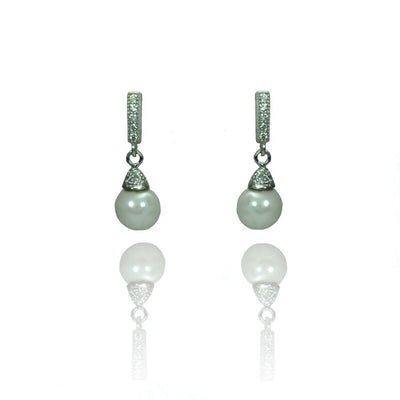 Sterling Silver Classy Micro Paved Bar with White Pearl Drop Dangle Stud EarringAnd Earring Height of 17MM