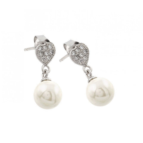 Sterling Silver Nickel Free Rhodium Plated Clear Heart CZ With Synthetic Pearl Dangling Stud Earrings