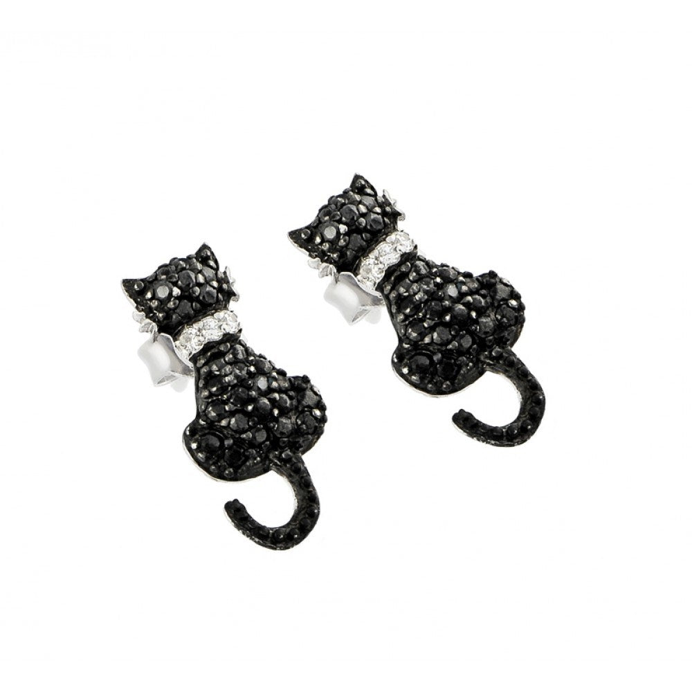 A Trendy Cat Earring Design Set in Black and Silver Rhodium Plated Covered with Black and Clear Cz Stones. Earring Dimesnions of 17.6MM x 8.4MM