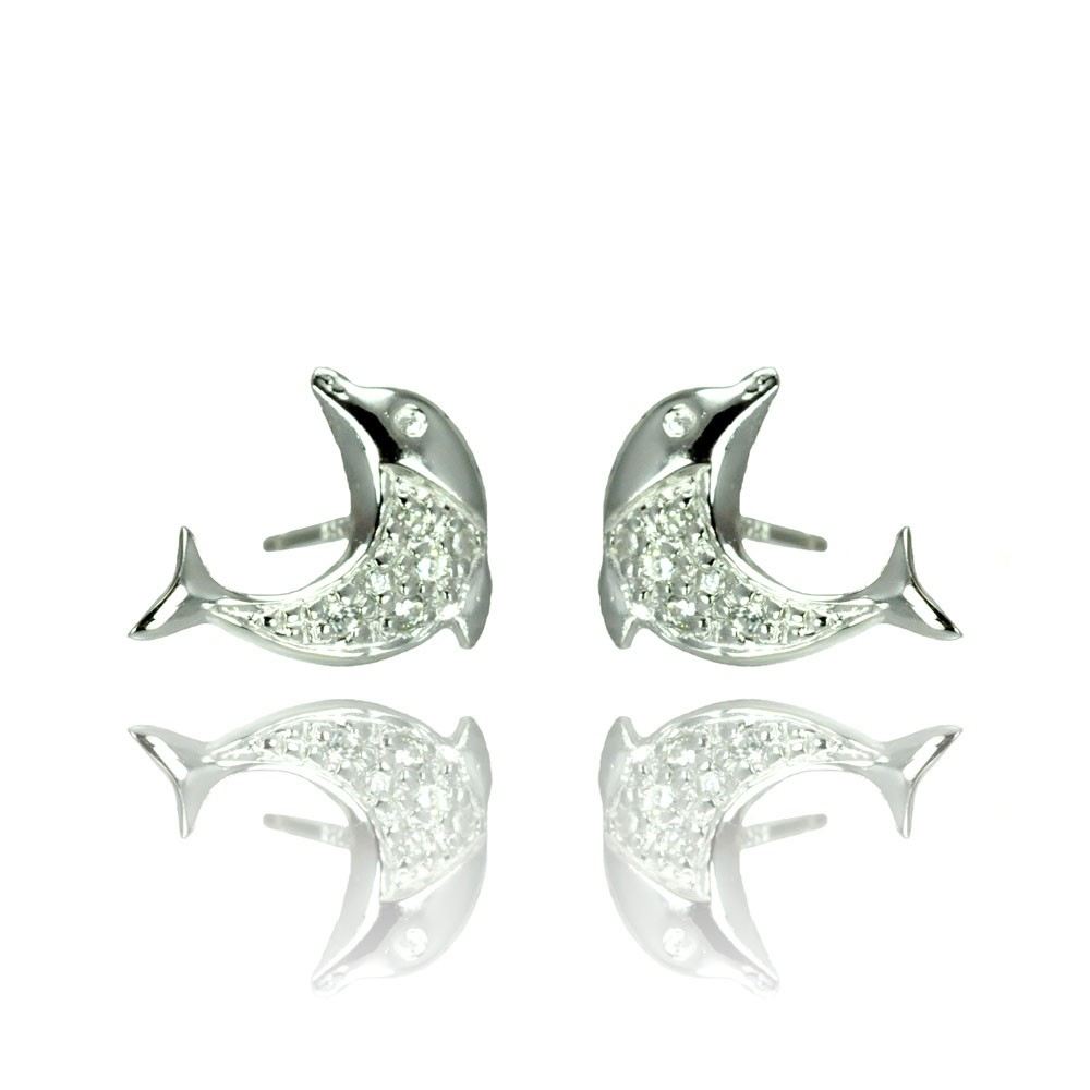 Sterling Silver Nickel Free Rhodium Plated Dolphin Shaped  Stud Earrings With CZ Stones