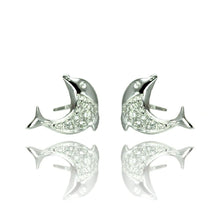 Load image into Gallery viewer, Sterling Silver Nickel Free Rhodium Plated Dolphin Shaped  Stud Earrings With CZ Stones