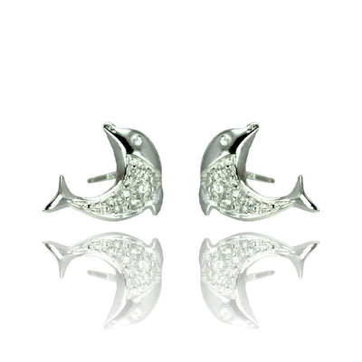 Sterling Silver Nickel Free Rhodium Plated Dolphin Shaped  Stud Earrings With CZ Stones