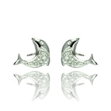 Sterling Silver Nickel Free Rhodium Plated Dolphin Shaped  Stud Earrings With CZ Stones