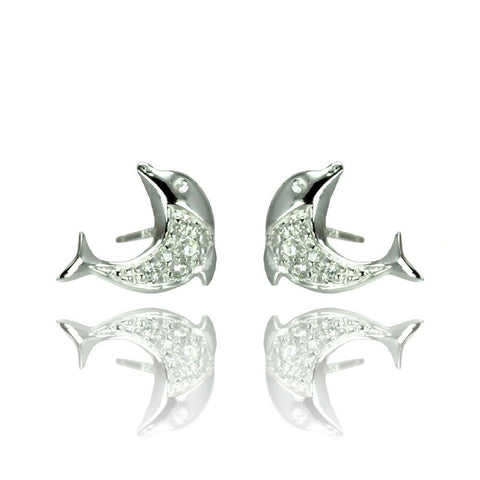 Sterling Silver Nickel Free Rhodium Plated Dolphin Shaped  Stud Earrings With CZ Stones