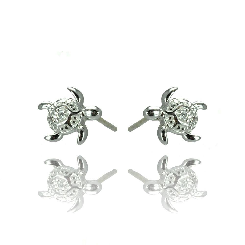 Sterling Silver Nickel Free Rhodium Plated Turtle Shaped  Stud Earring With CZ Stones