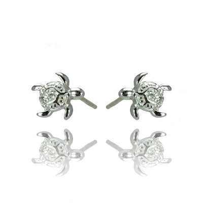 Sterling Silver Nickel Free Rhodium Plated Turtle Shaped  Stud Earring With CZ Stones
