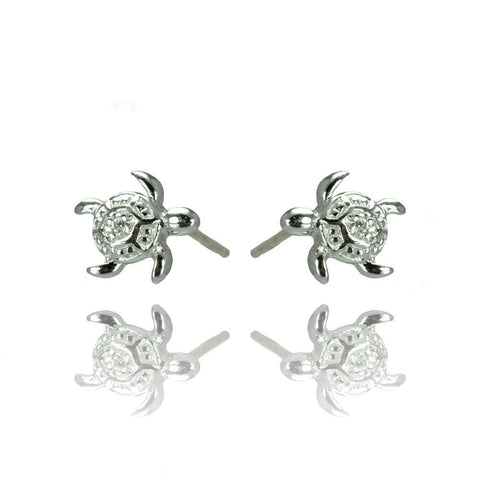 Sterling Silver Nickel Free Rhodium Plated Turtle Shaped  Stud Earring With CZ Stones