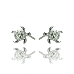 Sterling Silver Nickel Free Rhodium Plated Turtle Shaped  Stud Earring With CZ Stones