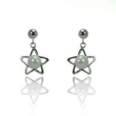 Sterling Silver Trendy Star Design with Centered White Pearl Drop Dangle Stud EarringAnd Earring Dimensions of 15MMx8MM
