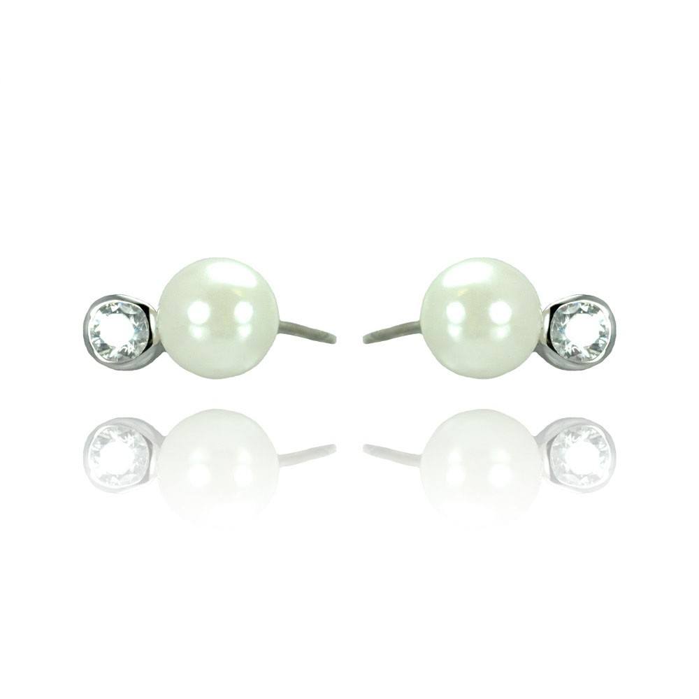Sterling Silver Modish White Pearl with Single Clear Cz on Bezel Setting Stud EarringAnd Earring Dimensions of 6.5MMx4MM