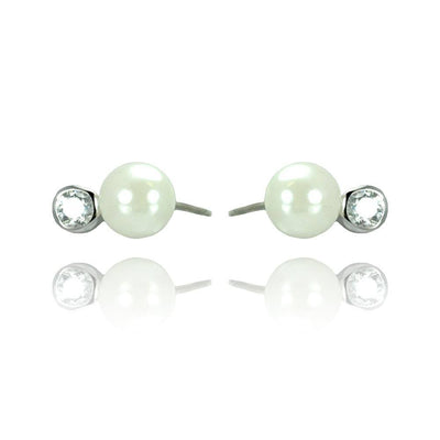 Sterling Silver Modish White Pearl with Single Clear Cz on Bezel Setting Stud EarringAnd Earring Dimensions of 6.5MMx4MM