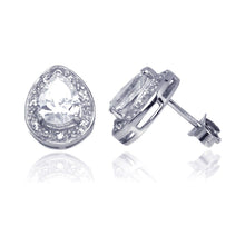 Load image into Gallery viewer, Sterling Silver Classy Pear Shaped Cut Clear Cz with Paved Halo Setting Stud Earring