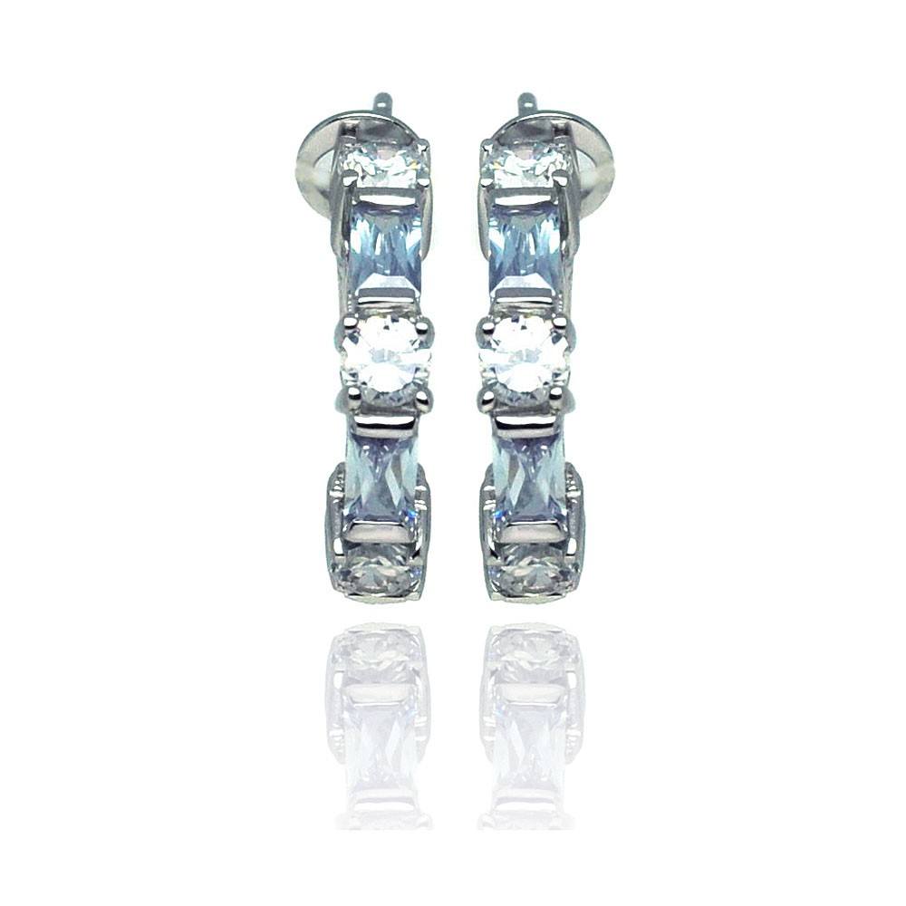 Sterling Silver Stylish Half Hoop Leverback Earring Set with Round Cut Clear Cz and Baguette Cut Blue Cz