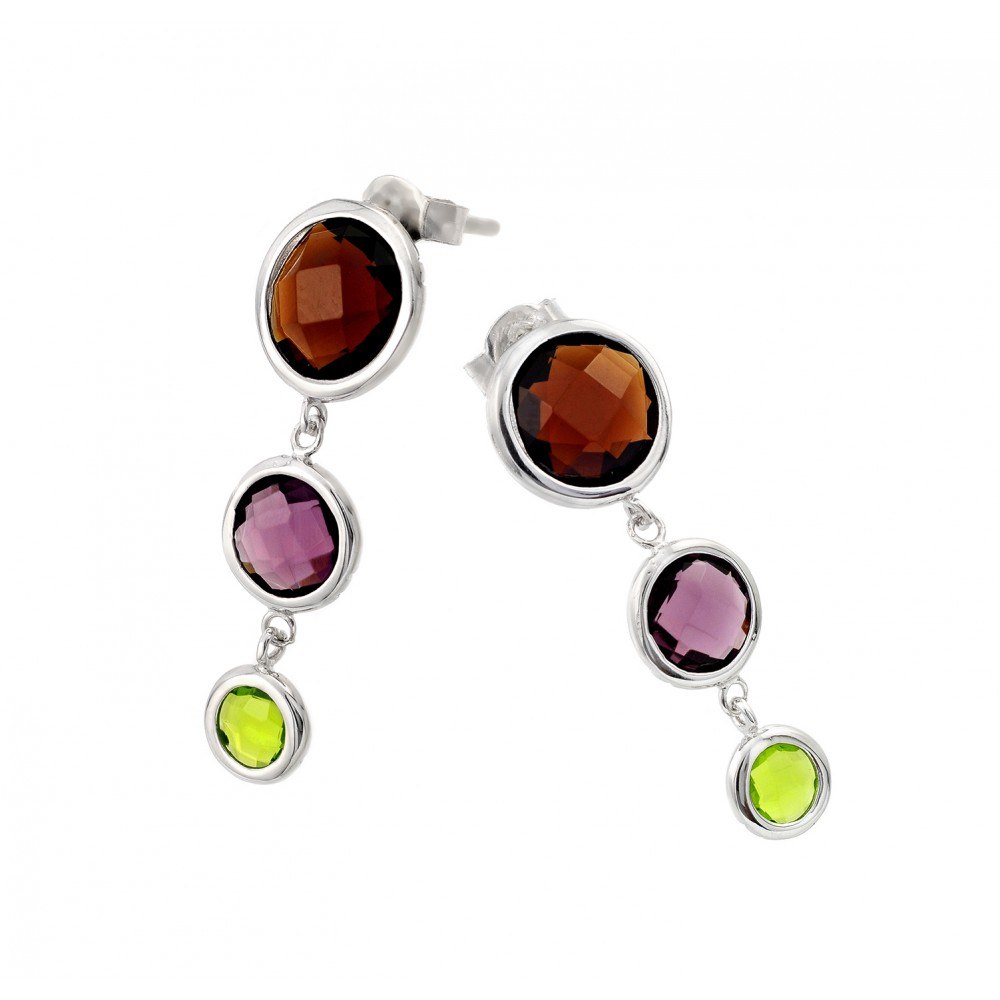 A Trendy Sterling Silver Wire Drooping Earrings With Multi Colored Round Cz StonesAnd Earring Dimensions of 31MM x 0.3MM