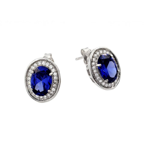 A Tasteful Sterling Silver Stud Earrings with Round Blue Cz Center Stone Finely Enclosed with Clear cz