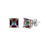 Sterling Silver Rhodium Plated Synthetic Mystic Topaz Square ABD CZ Basket Set Studs