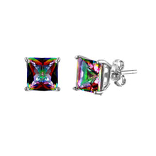 Load image into Gallery viewer, Sterling Silver Rhodium Plated Synthetic Mystic Topaz Square ABD CZ Basket Set Studs