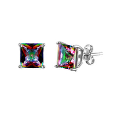 Sterling Silver Rhodium Plated Synthetic Mystic Topaz Square ABD CZ Basket Set Studs