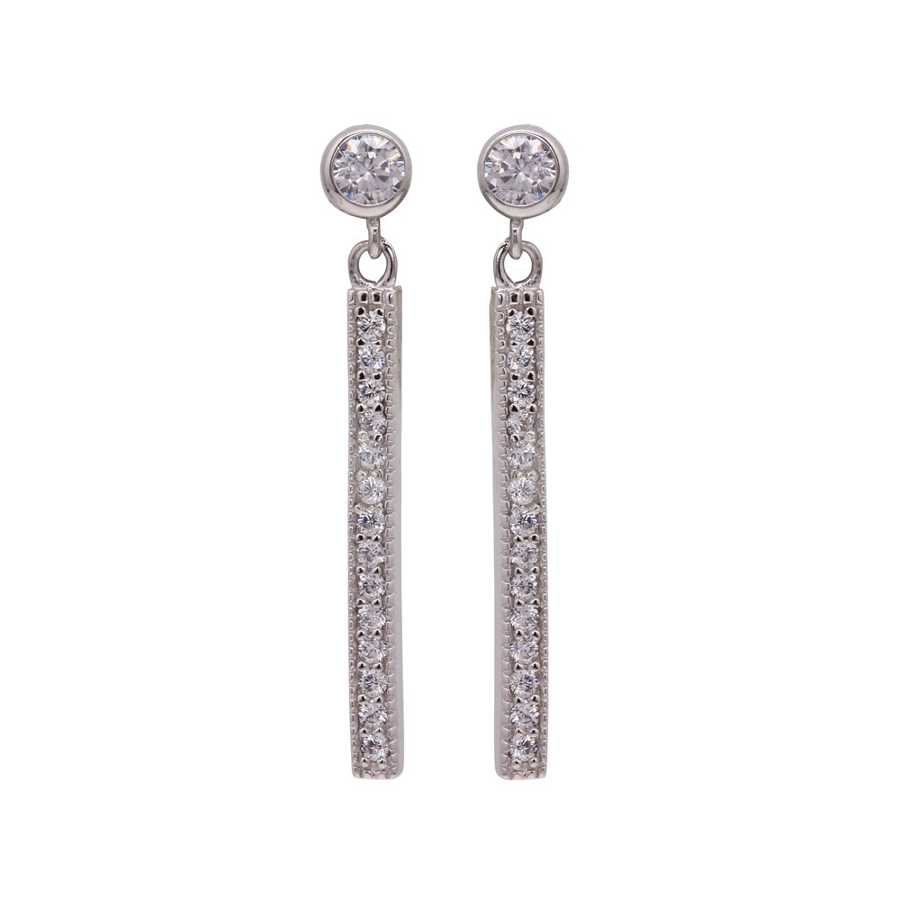 Sterling Silver Rhodium Plated Round Clear CZ Rectangular Dangling Stud Earrings