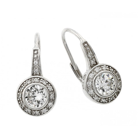 Sterling Silver Rhodium Plated Clear Round CZ Earrings with Ornate DesignAnd Earring Dimensions of 19MMx9MM and Lever back Post