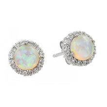 Load image into Gallery viewer, Sterling Silver Rhodium Plated Round Opal Stud Earrings with Paved CZ OutlineAnd Earring Dimensions of 9MMx9MM and Friction Back Post