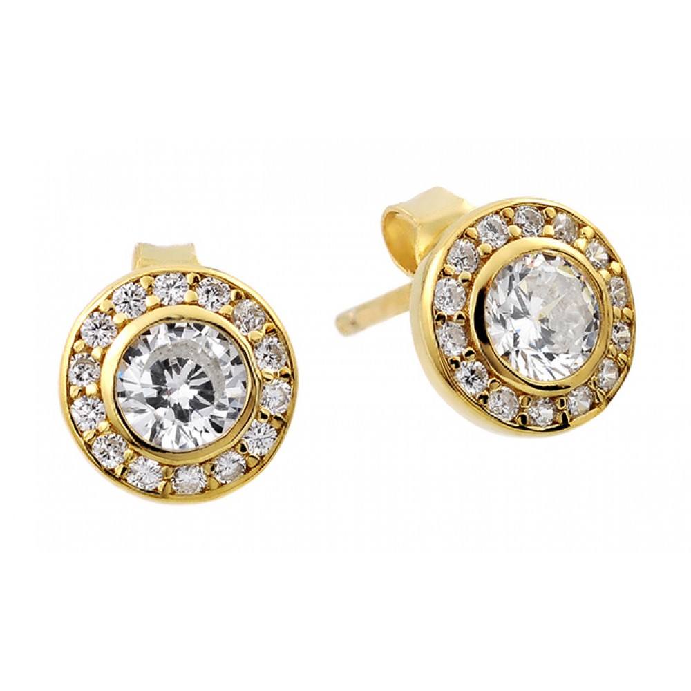 Sterling Silver Gold Plated Fancy Round Stud Earrings with Clear Round CZ StonesAnd Earring Dimensions of 8MMx8MM and Friction Back Post