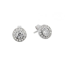 Load image into Gallery viewer, Sterling Silver Rhodium Plated Fancy Round Stud Earrings with Clear Round CZ StonesAnd Earring Dimensions of 8MMx8MM and Friction Back Post