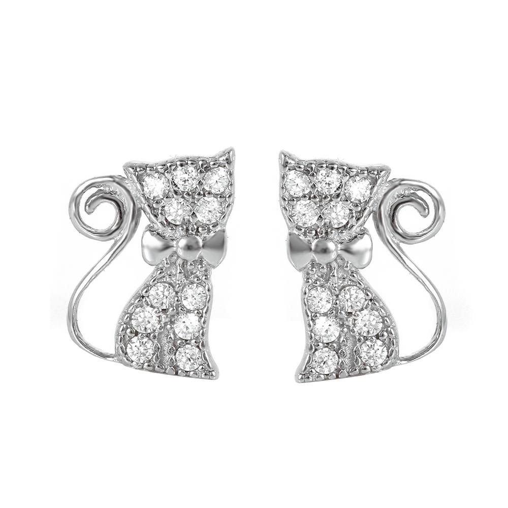 Sterling Silver Trendy Pave Kitty with Bowtie Stud EarringAnd Friction Back PostAnd Earring Dimensions of 6MMx9MM