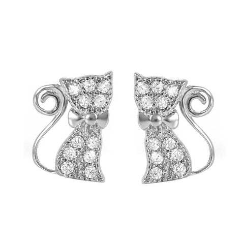 Sterling Silver Trendy Pave Kitty with Bowtie Stud EarringAnd Friction Back PostAnd Earring Dimensions of 6MMx9MM