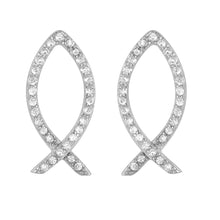 Load image into Gallery viewer, Sterling Silver Trendy Pave Open Fish Stud Earring with Friction Back PostAnd Earring Dimensions of 8MMx18MM