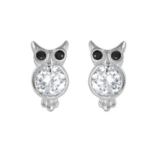 Load image into Gallery viewer, Sterling Silver Fancy Owl with Centered Clear Cz Stone and Black Cz Eyes Stud EarringAnd Friction Back PostAnd Earring Dimensions of 7MMx14MM