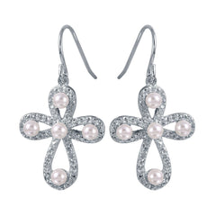 Sterling Silver Rhodium Plated Stylish Rounded Cross Earrings With Mother of Pearls AccentsAnd Earring Dimensions of 30MMx16MM