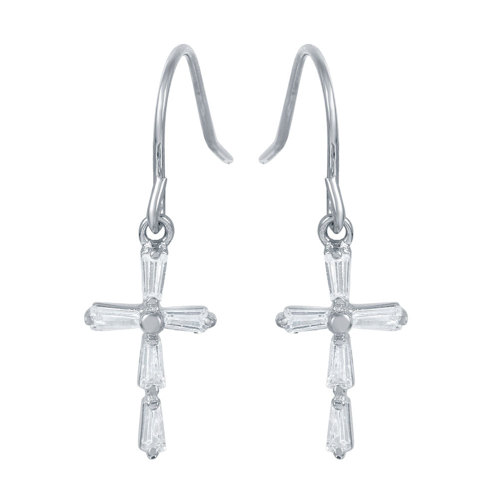 Sterling Silver Nickel Free Rhodium Plated Small Cross Earrings With CZ Baguette Accents