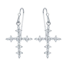 Load image into Gallery viewer, Sterling Silver Rhodium Plated Stylish Floral Cross Hook Earrings with Clear CZ AccentsAnd Earring Dimensions of 30MMx16MM