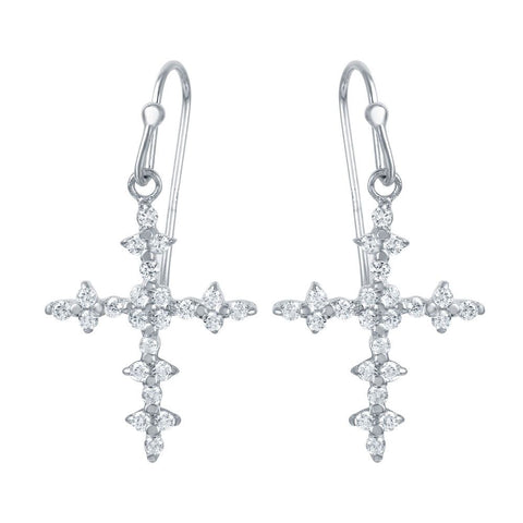 Sterling Silver Rhodium Plated Stylish Floral Cross Hook Earrings with Clear CZ AccentsAnd Earring Dimensions of 30MMx16MM